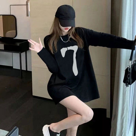 Women Loose Cotton Geometric Print Long Sleeve Casual Black Top