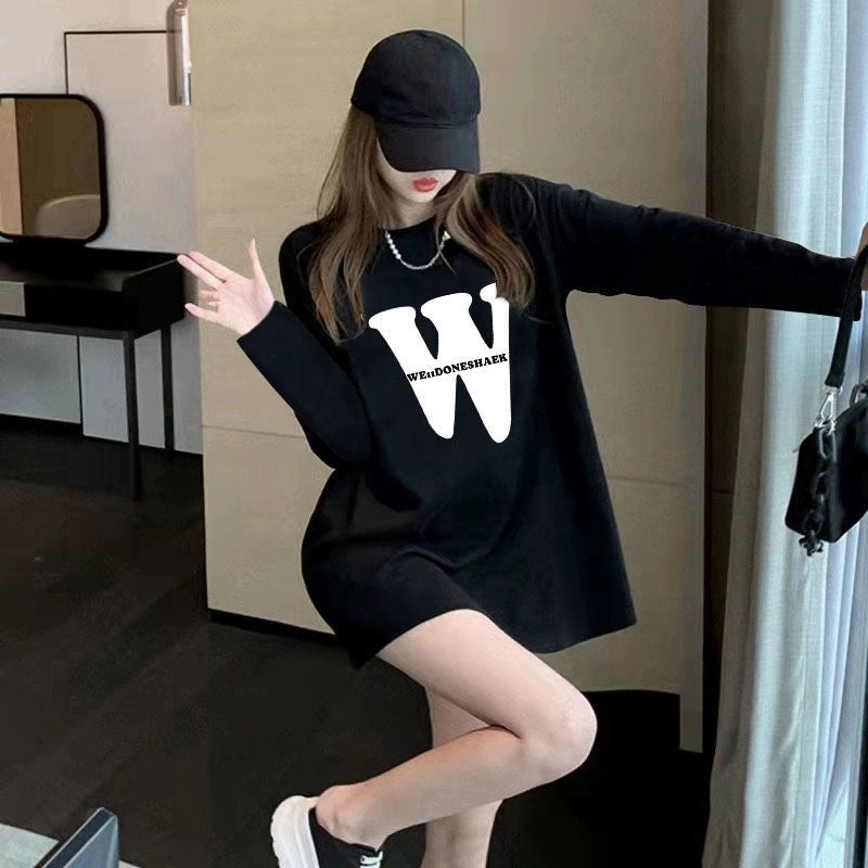 Women Loose Cotton Geometric Print Long Sleeve Casual Black Top