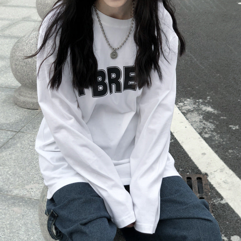 Women Loose Heavy Cotton Long Sleeve Casual Black T Shirt Top