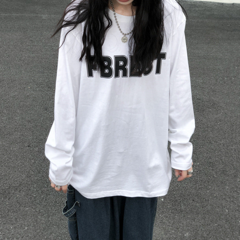 Women Loose Heavy Cotton Long Sleeve Casual Black T Shirt Top
