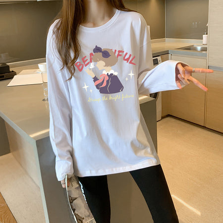 Women Cotton Loose Raglan Sleeve Long Sleeve Casual Round Neck Top