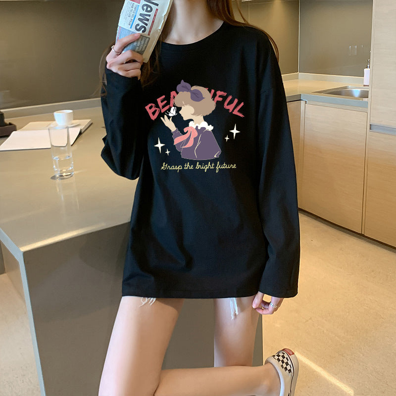 Women Cotton Loose Raglan Sleeve Long Sleeve Casual Round Neck