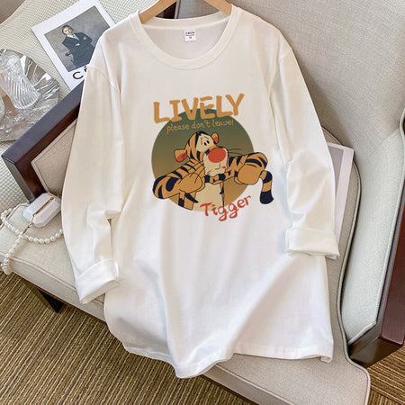 Women Cotton Long Sleeve Printed Round Neck Casual Base Top