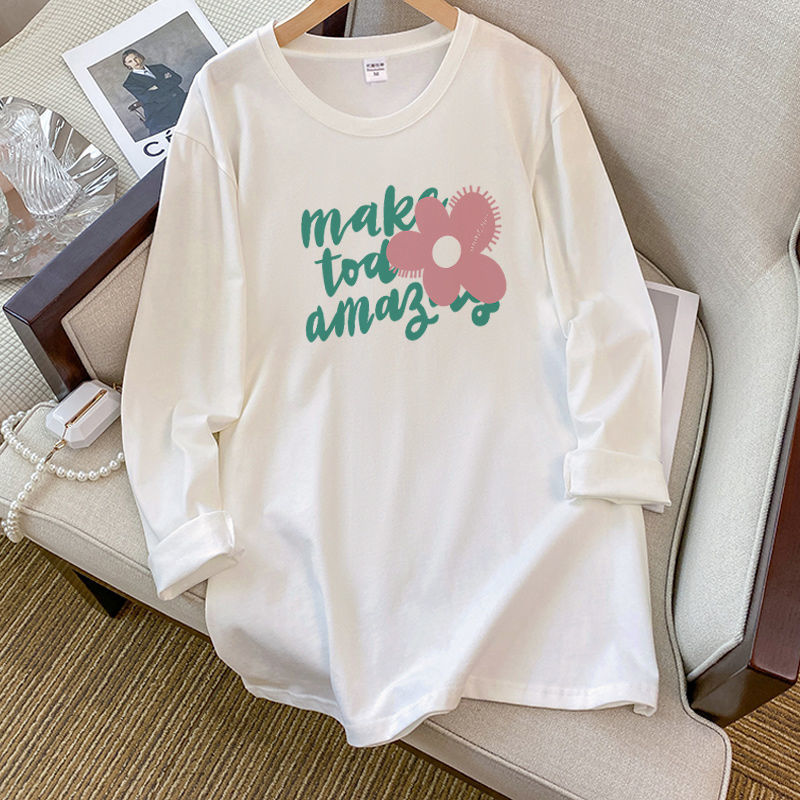 Women Cotton Long Sleeve Printed Round Neck Casual Base Top