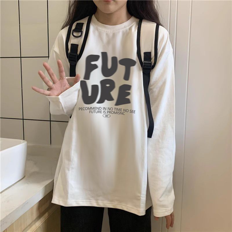 Women Loose Cotton Letter Print Long Sleeve Casual Round Neck Top