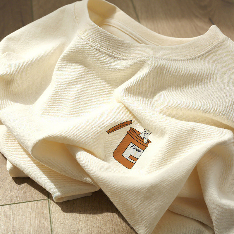 Women Pure Cotton Round Neck Short Sleeve Loose Casual Top