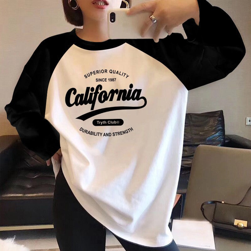 Women Cotton Raglan Color Block Long Sleeve Loose Casual Top