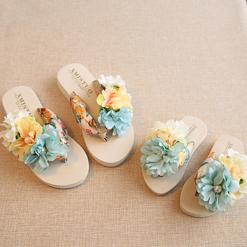 Beige Women’s Floral Wedge Flip Flops Beach Sandal Slippers