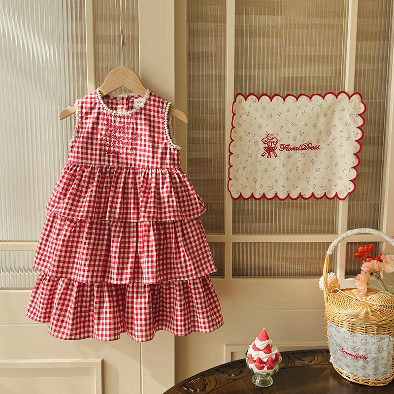 Red Girls Strawberry Plaid Cake Dress Sleeveless Summer Outfit