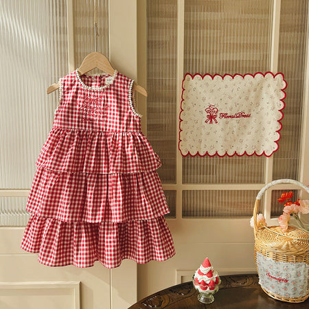 Red Girls Strawberry Plaid Cake Dress Sleeveless Summer Outfit