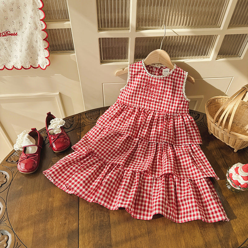 Girls Strawberry Plaid Cake Dress Sleeveless Summer Outfit