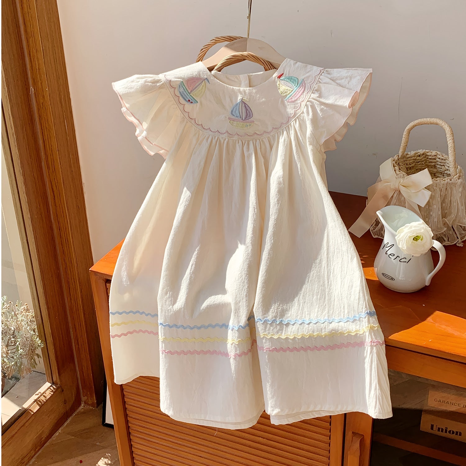 Apricot Girls Sailboat Embroidered Navy A-Line Summer Dress