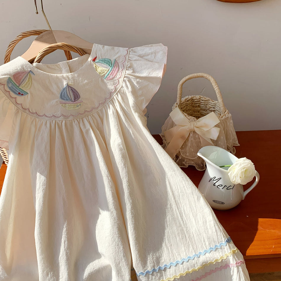 Girls Sailboat Embroidered Navy A-Line Summer Dress