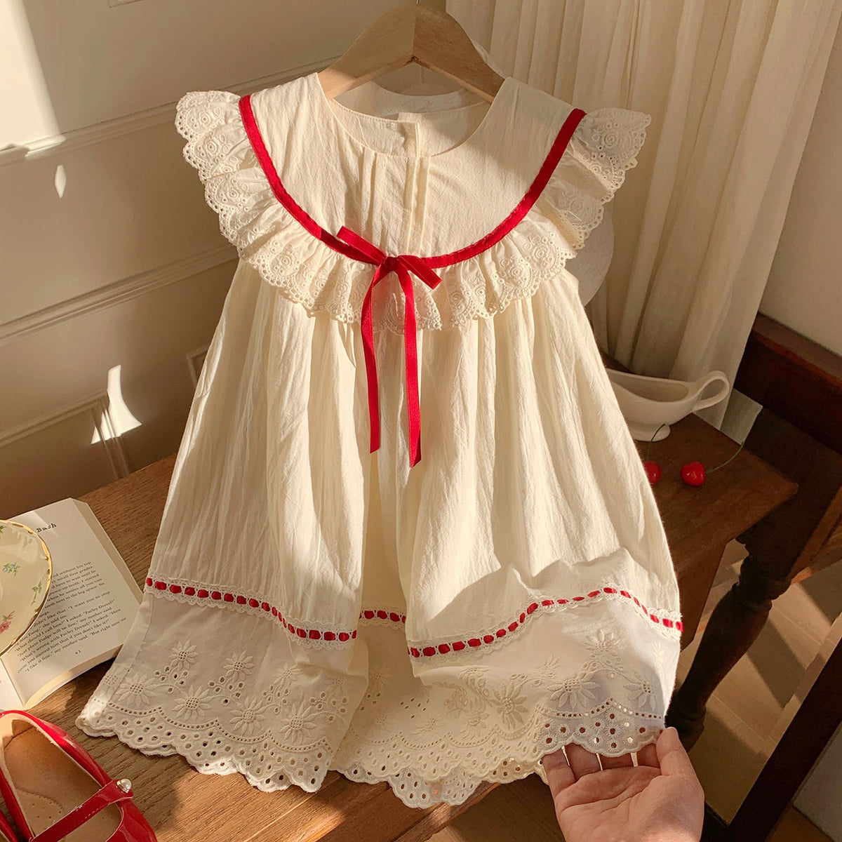 Apricot Girls Lace Ruffle Collar Cotton Princess Summer Dress