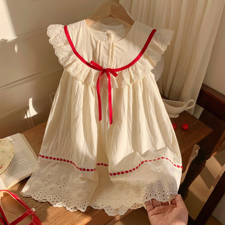 Apricot Girls Lace Ruffle Collar Cotton Princess Summer Dress