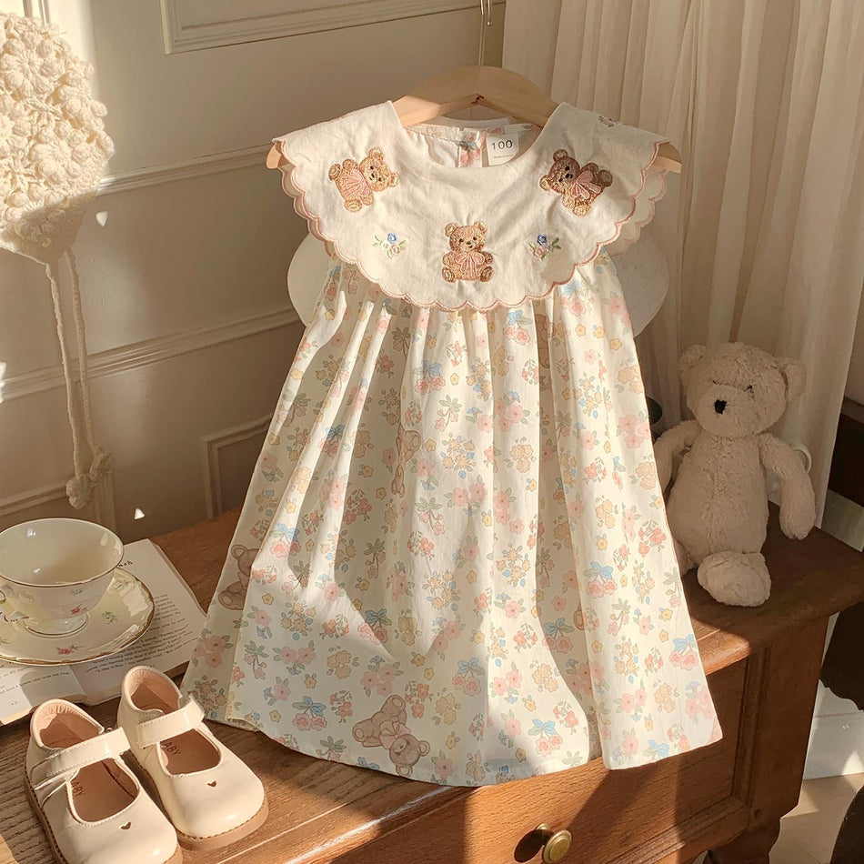 Girls Bear Embroidered Floral Collar Cotton Summer Dress