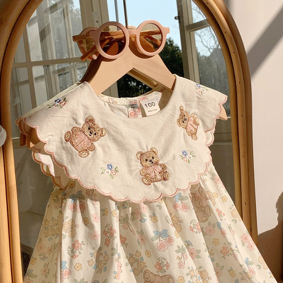 Girls Bear Embroidered Floral Collar Cotton Summer Dress