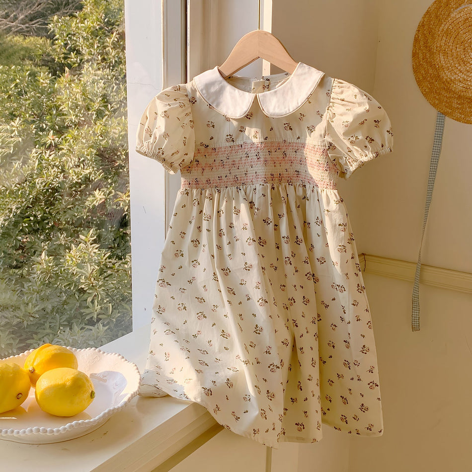 Girls Floral Puff Sleeve Doll Collar Cotton Summer Dress