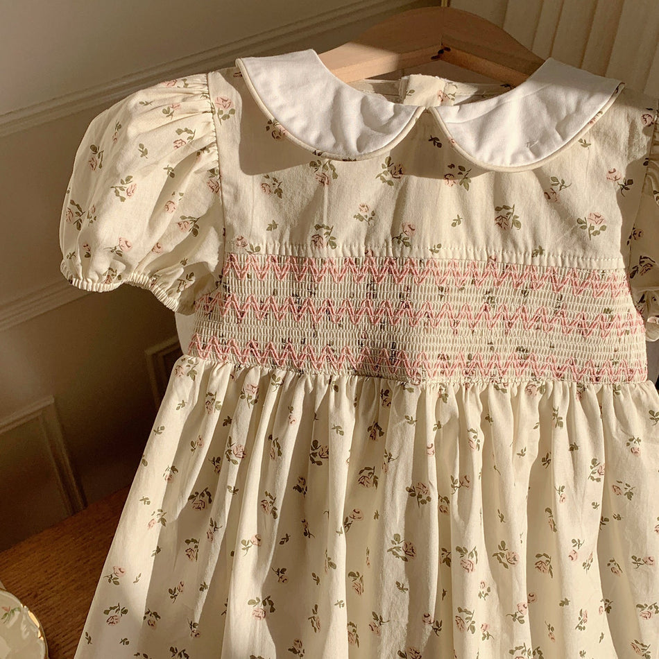Girls Floral Puff Sleeve Doll Collar Cotton Summer Dress