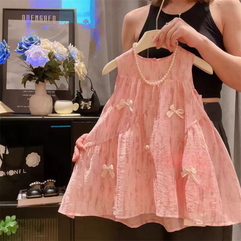 Girls Pink Bow Chiffon Princess Sleeveless Summer Dress