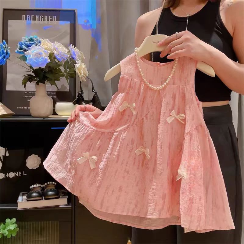 Girls Pink Bow Chiffon Princess Sleeveless Summer Dress
