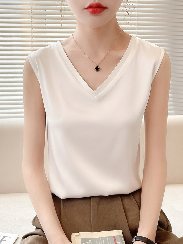 White V-Neck Ice Silk Camisole with Tassel Detail for Summer Wear