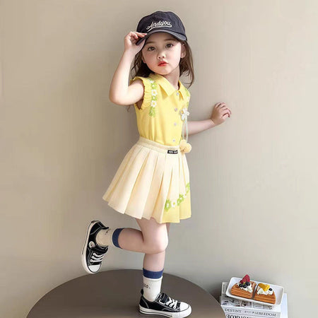 Girls Preppy Polo Top and Pleated Skirt Summer Set