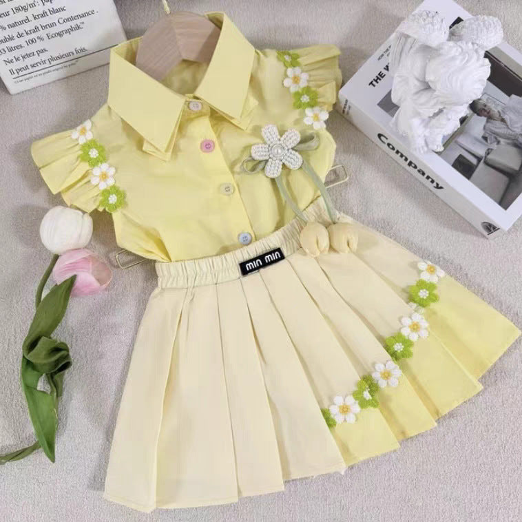 Girls Preppy Polo Top and Pleated Skirt Summer Set