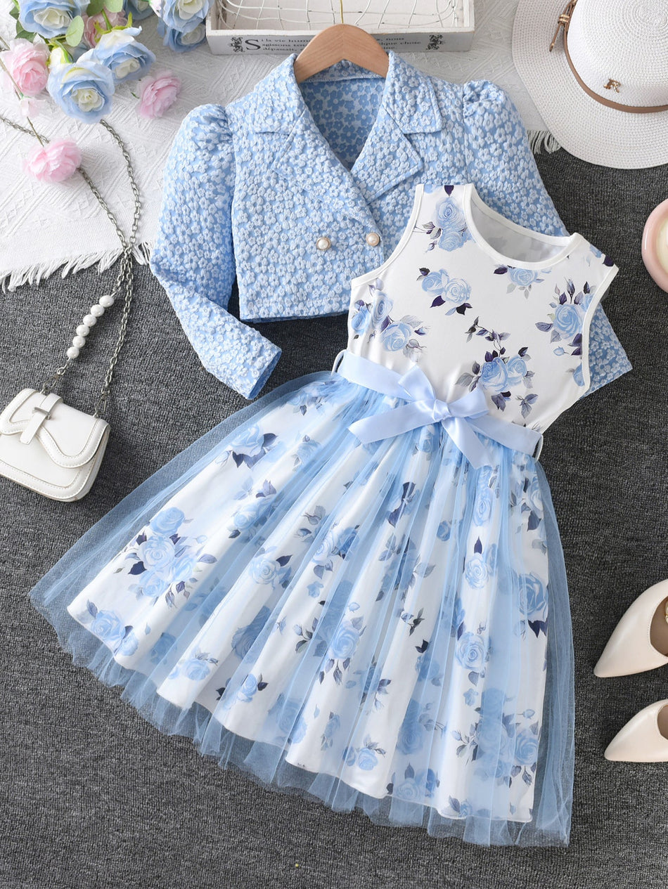Girls Sky Blue Rose Vest Dress Set Two-Piece Autumn Outfit