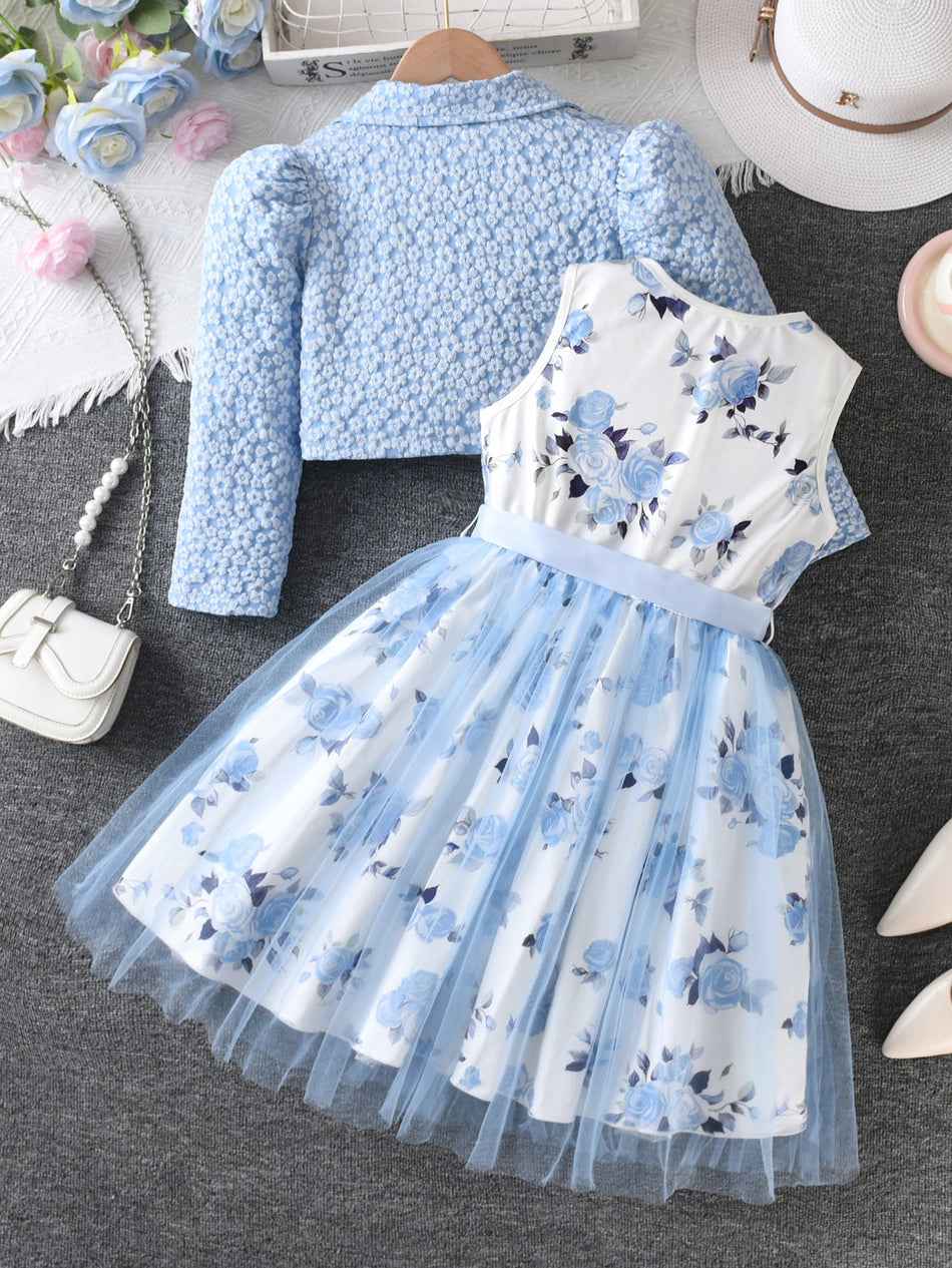 Girls Sky Blue Rose Vest Dress Set Two-Piece Autumn Outfit