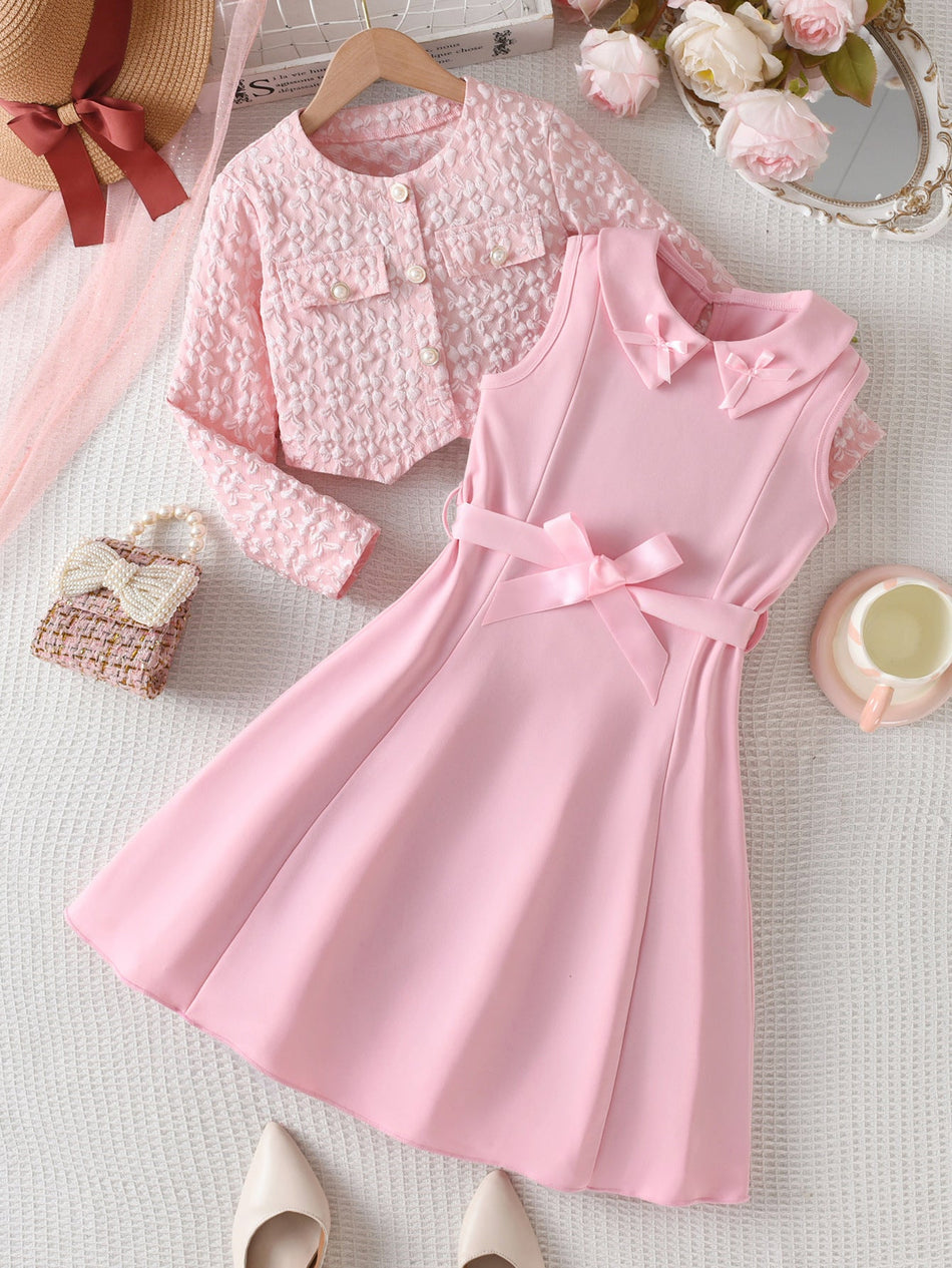 Girls Pink Bow Two-Piece Skirt Suit Jacket Set