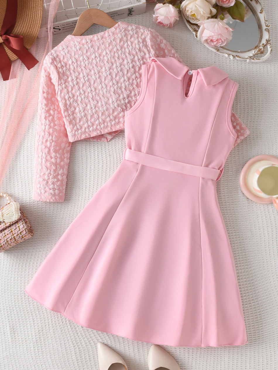 Girls Pink Bow Two-Piece Skirt Suit Jacket Set