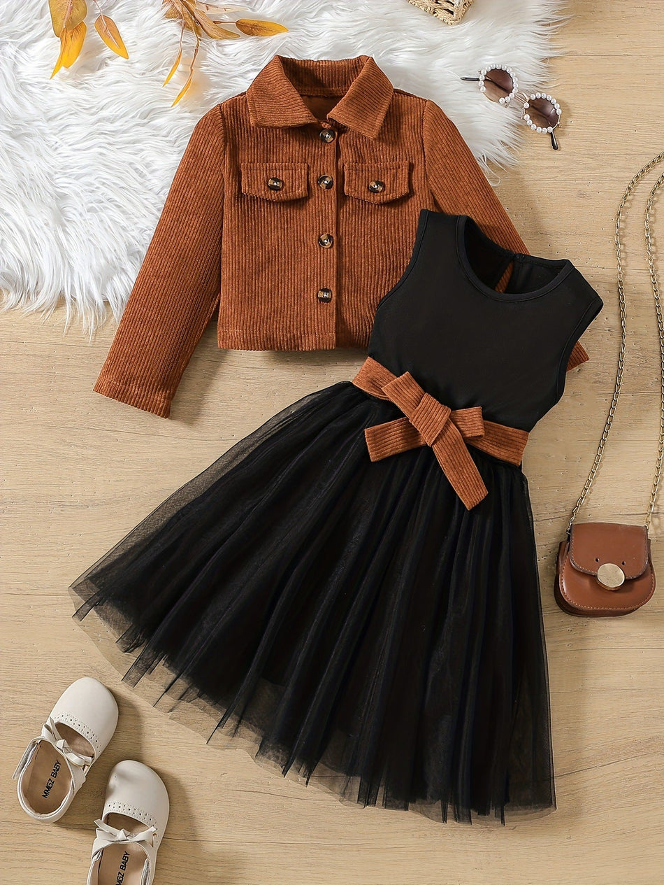 Girls Corduroy Skirt Suit Set Long Sleeve Vest Mesh Outfit