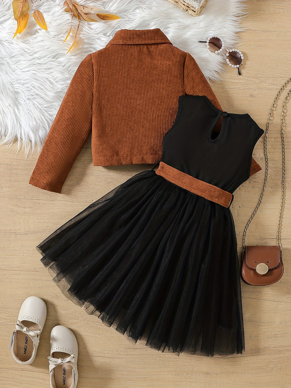 Girls Corduroy Skirt Suit Set Long Sleeve Vest Mesh Outfit