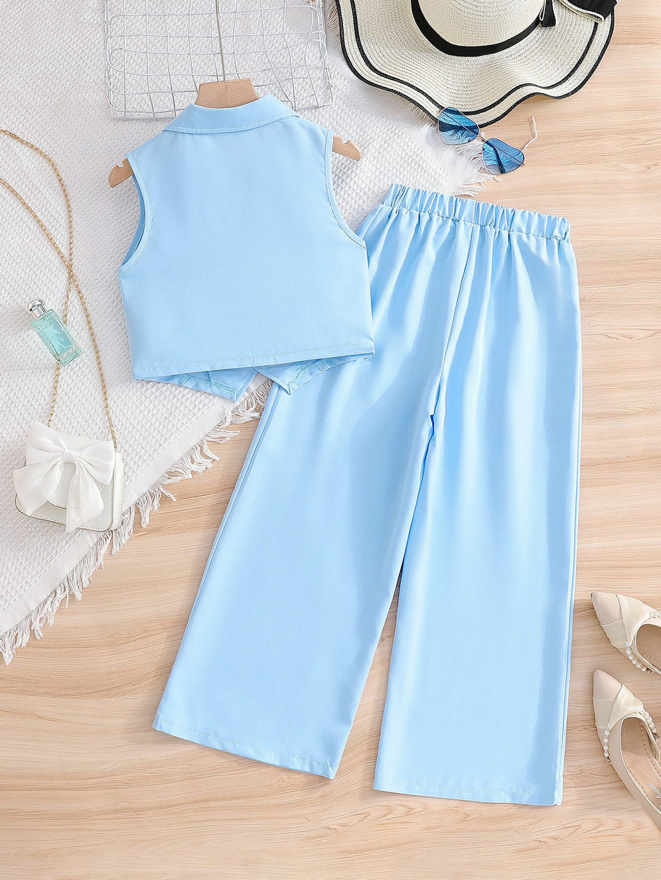 Girls Sky Blue Sleeveless Suit Set Two-Piece Summer Outfit