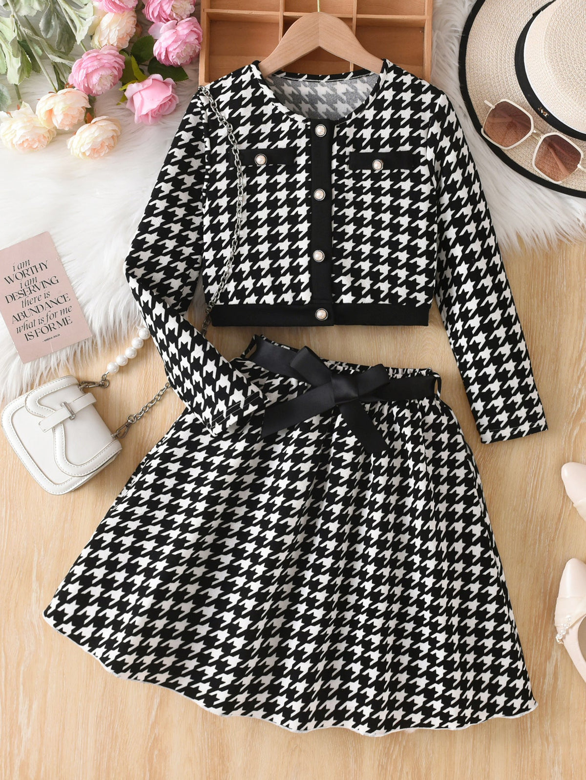 Girls Houndstooth Bow Jacket Skirt Set Two-Piece Outfit