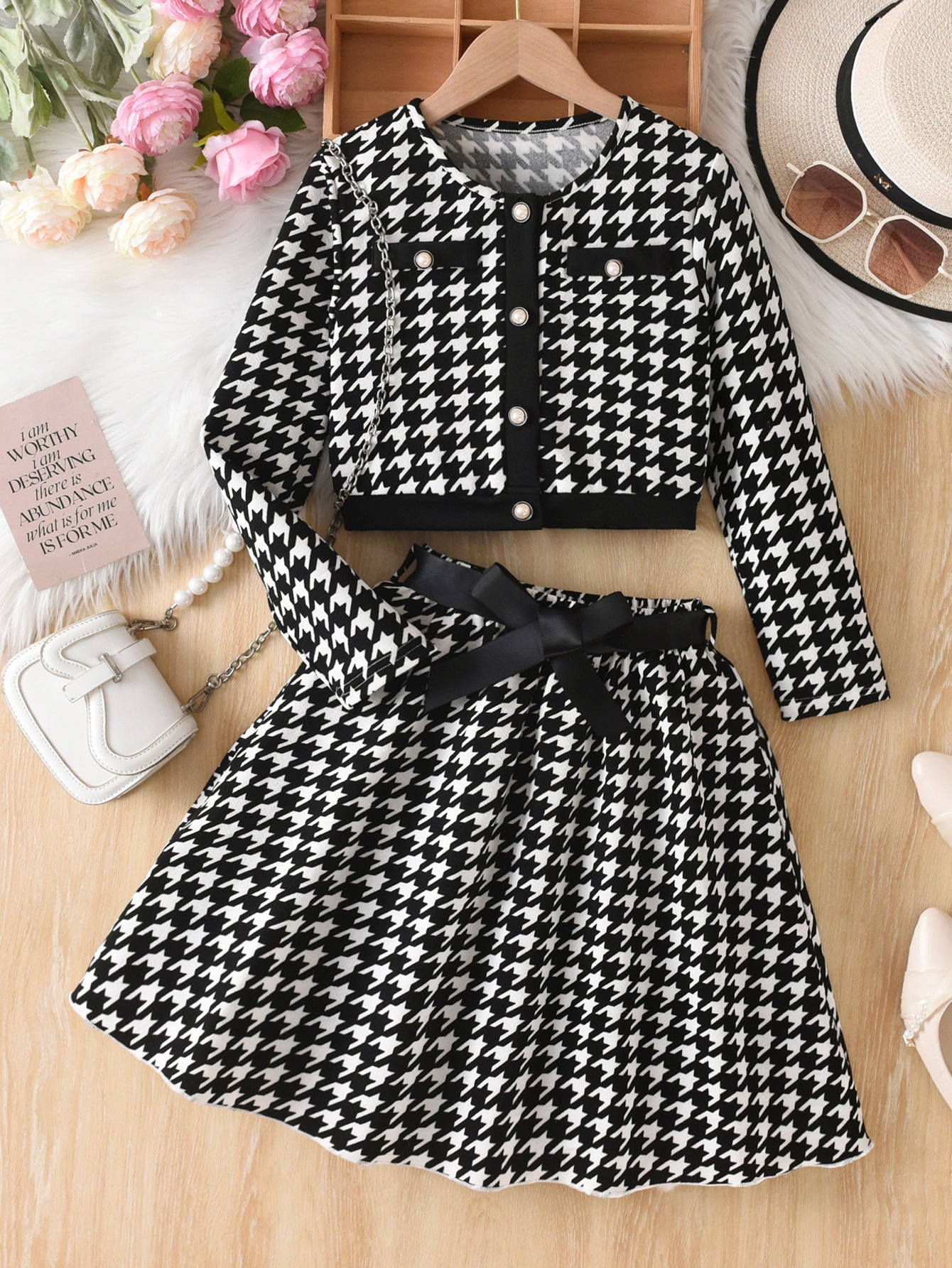 Girls Houndstooth Bow Jacket Skirt Set Two-Piece Outfit