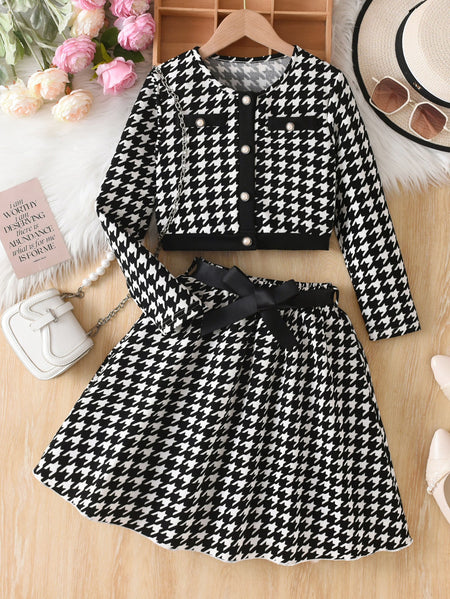 Girls Houndstooth Bow Jacket Skirt Set Two-Piece Outfit