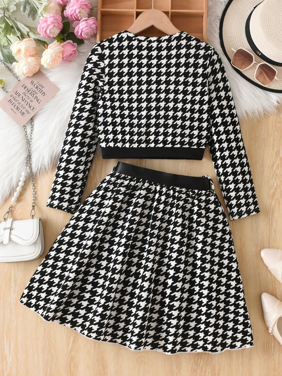Girls Houndstooth Bow Jacket Skirt Set Two-Piece Outfit