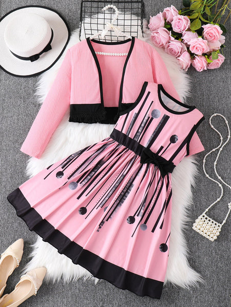 Girls Pink Vest Dress Coat Set Two-Piece Autumn Outfit