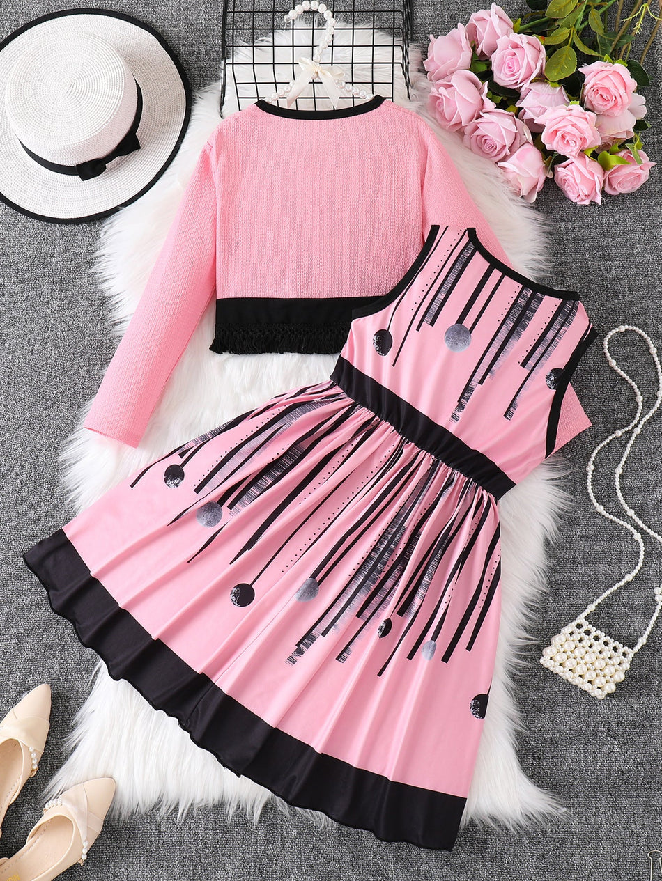 Girls Pink Vest Dress Coat Set Two-Piece Autumn Outfit