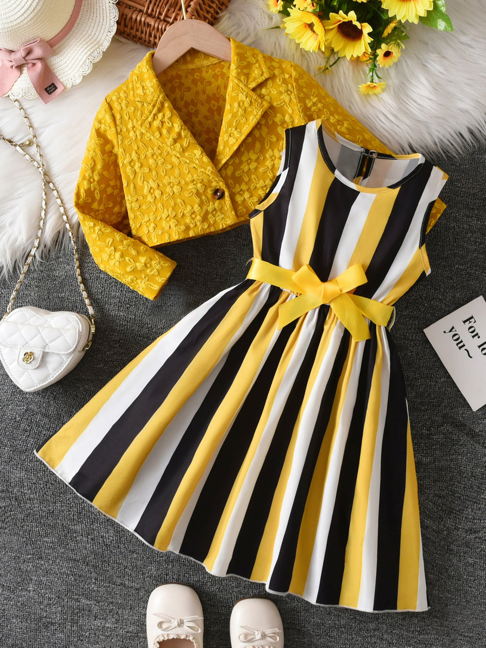 Yellow Girls Striped Vest Dress Jacket Set Two-Piece Autumn Suit