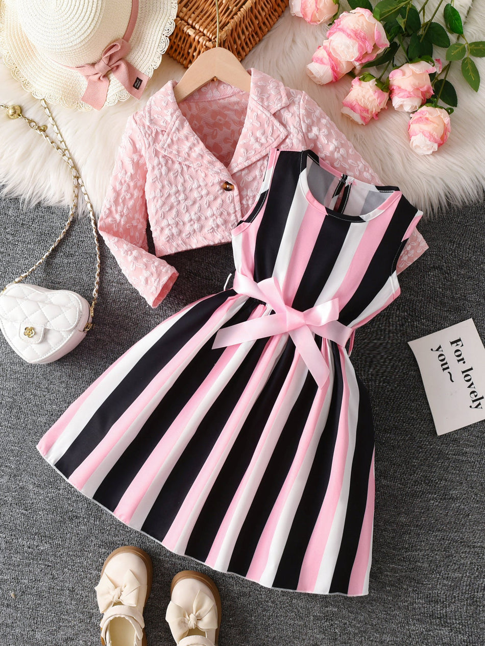 Girls Striped Vest Dress Jacket Set Two-Piece Autumn Suit