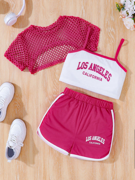 Orange Girls Retro Sport Mesh Two-Piece Letter Print Summer Set