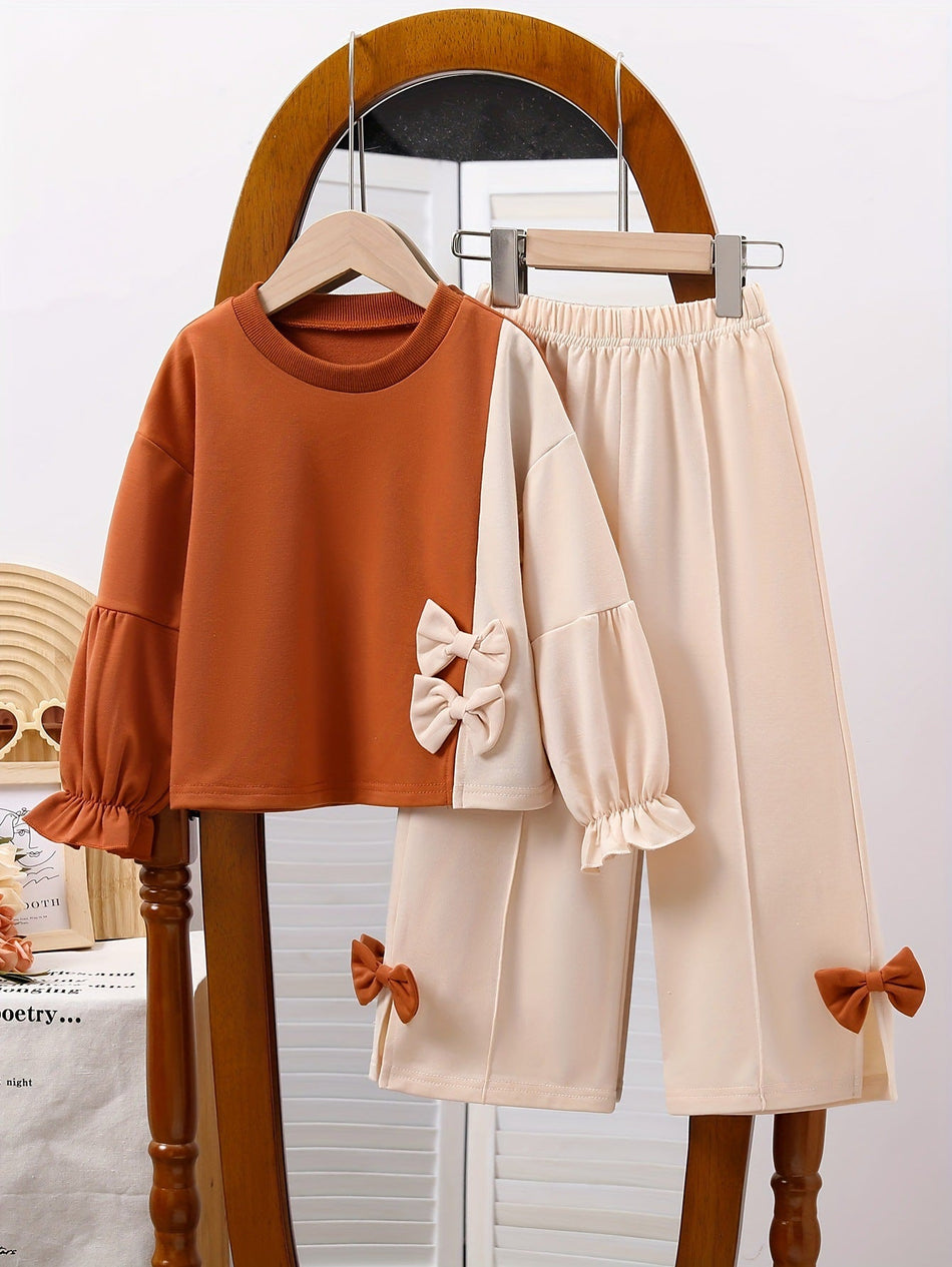 Girls Bow Color Block Sweatshirt Wide Leg Pants Set