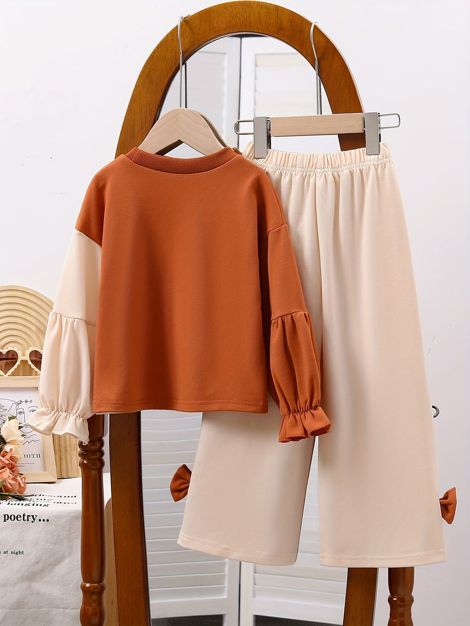 Girls Bow Color Block Sweatshirt Wide Leg Pants Set