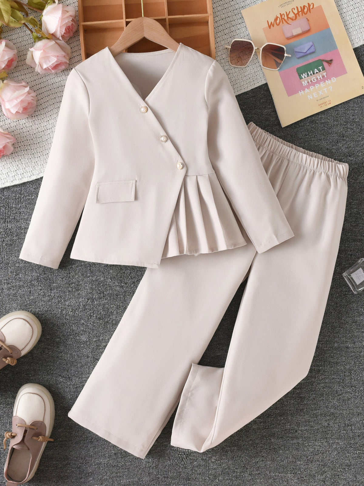 Girls Asymmetrical Jacket Pants Set Autumn Two-Piece Outfit