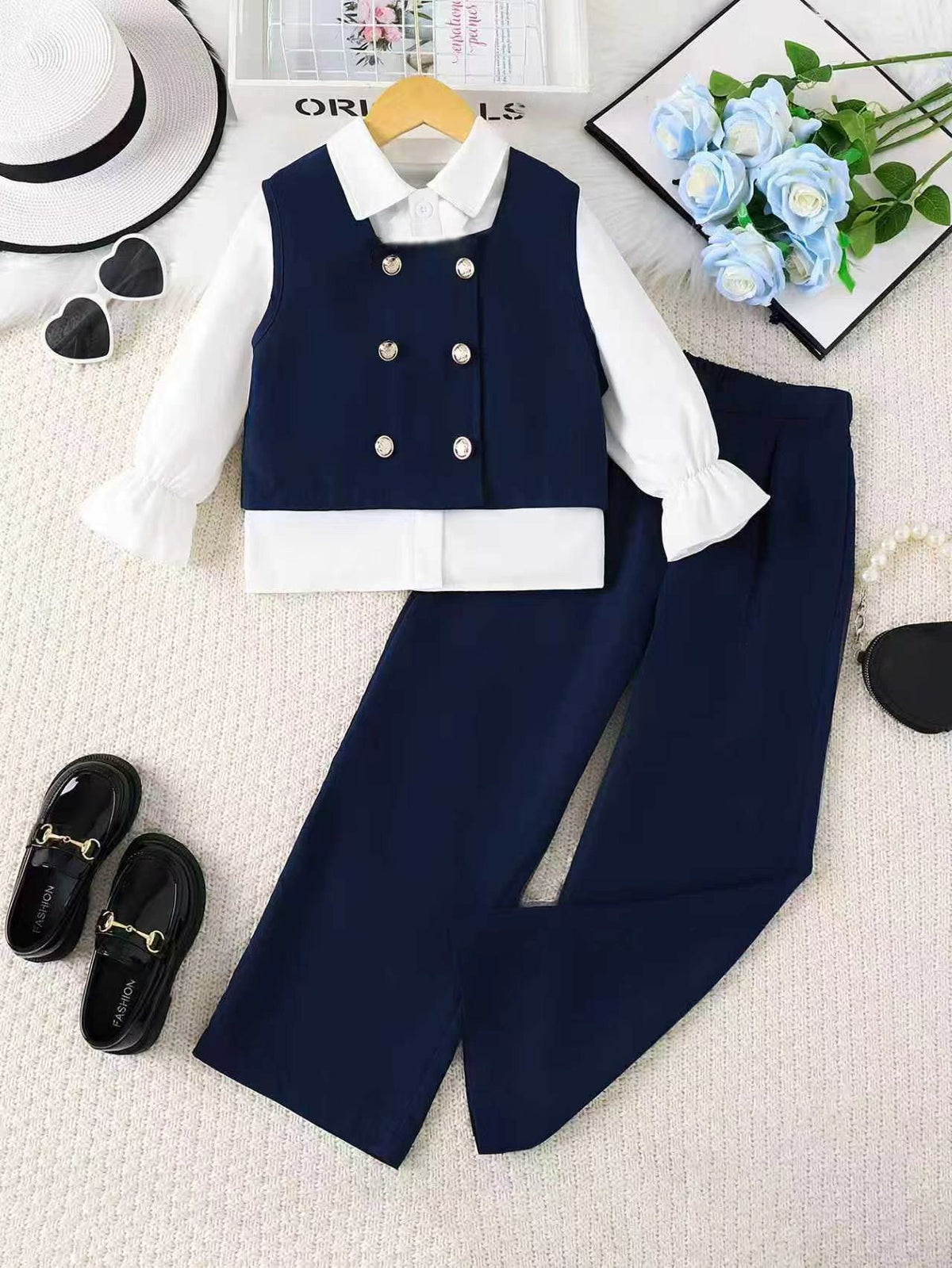 Children's three-piece set Girls British Style Three-Piece Suit Vest Shirt Pants Set
