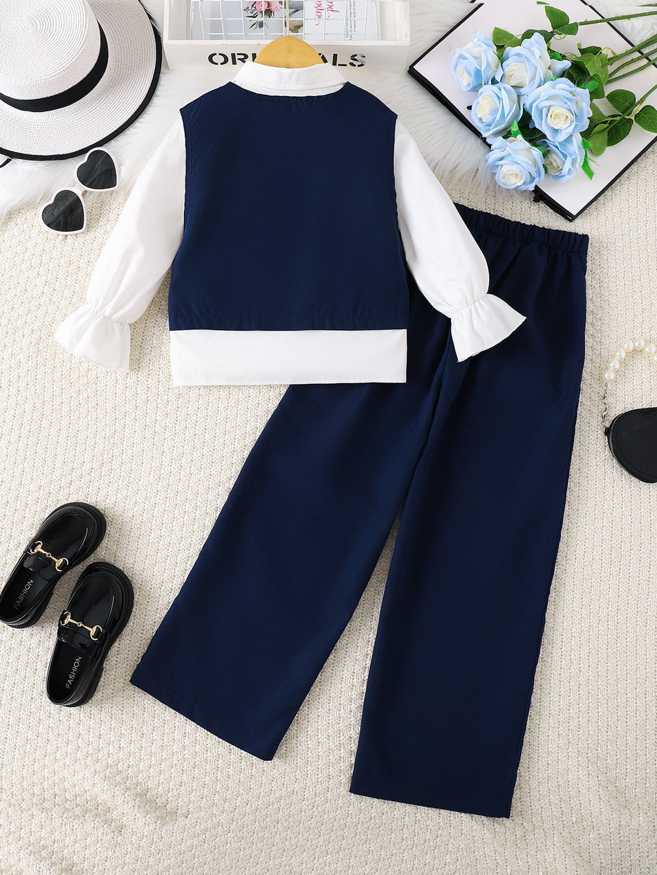 Girls British Style Three-Piece Suit Vest Shirt Pants Set
