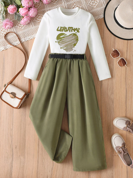 Girls Military Green Letter Print Pants Set Autumn Two-Piece Outfit